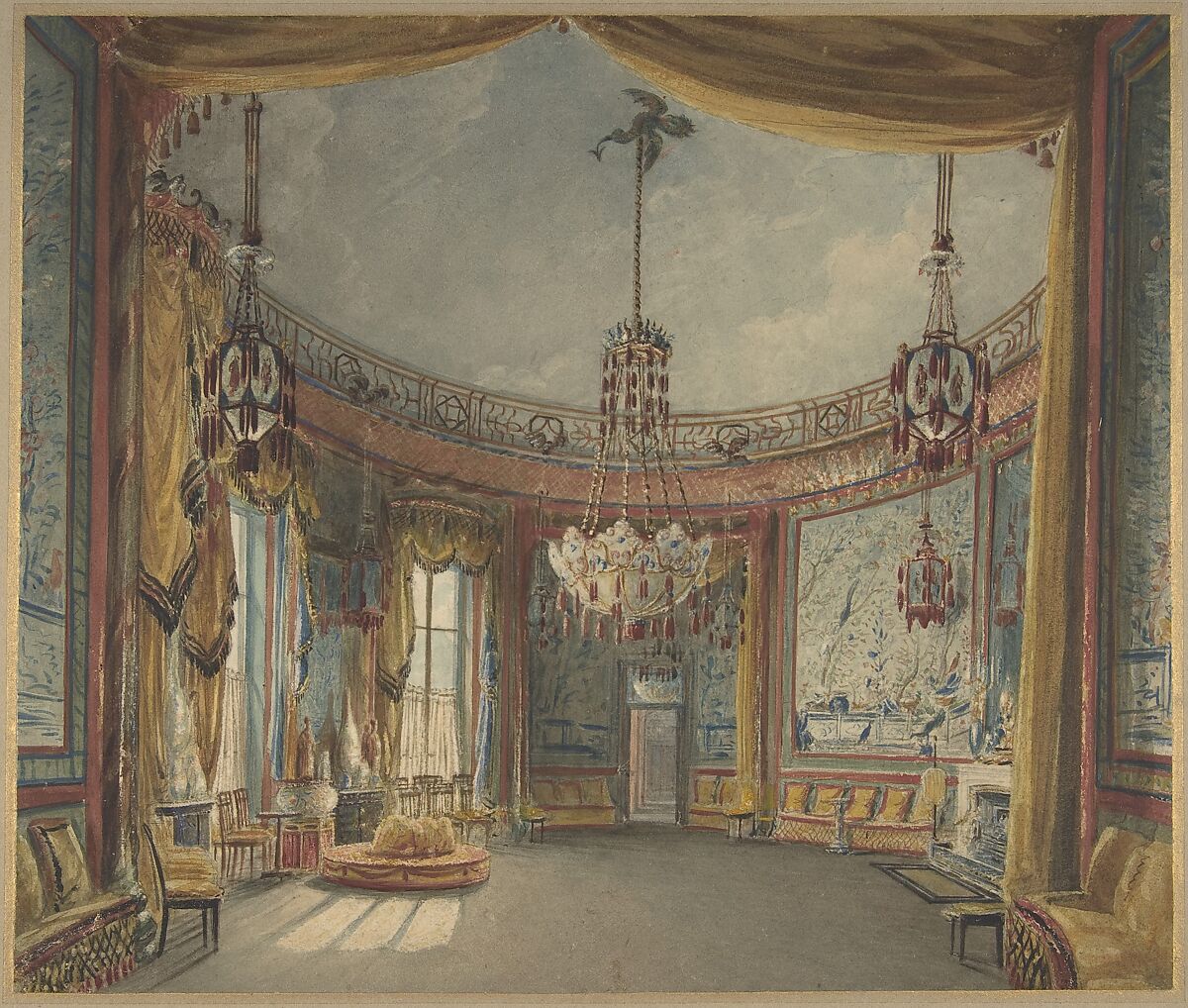 The Saloon, Brighton Pavilion, Auguste Charles Pugin (British (born France), Paris 1768/69–1832 London), Watercolor over graphite with touches of  gouache (bodycolor) 