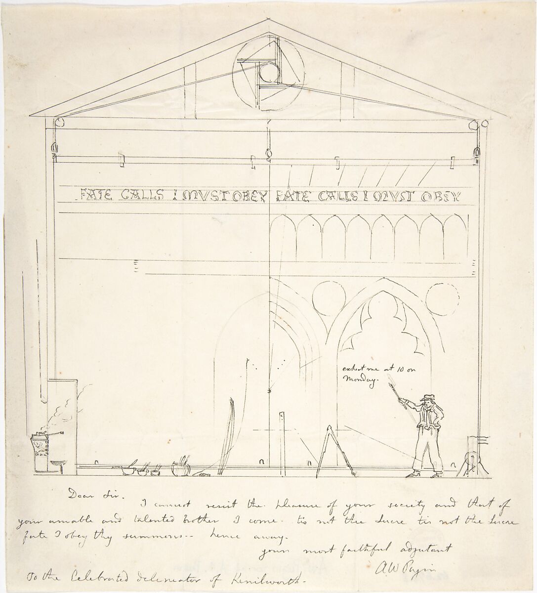 Letter with Sketch of Artist Painting Stage Scenery, Augustus Welby Northmore Pugin (British, London 1812–1852 Ramsgate), Pen and black ink over graphite 