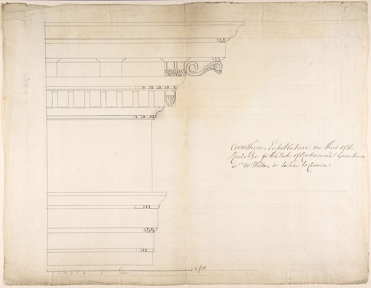 Design for a Corinthian Entablature for the Duke of Richmond, either for Richmond House, Whitehall, London, or Goodwood, Sussex, Thomas Hardwick (British, London 1752–1829 London), Pen and black and brown ink 