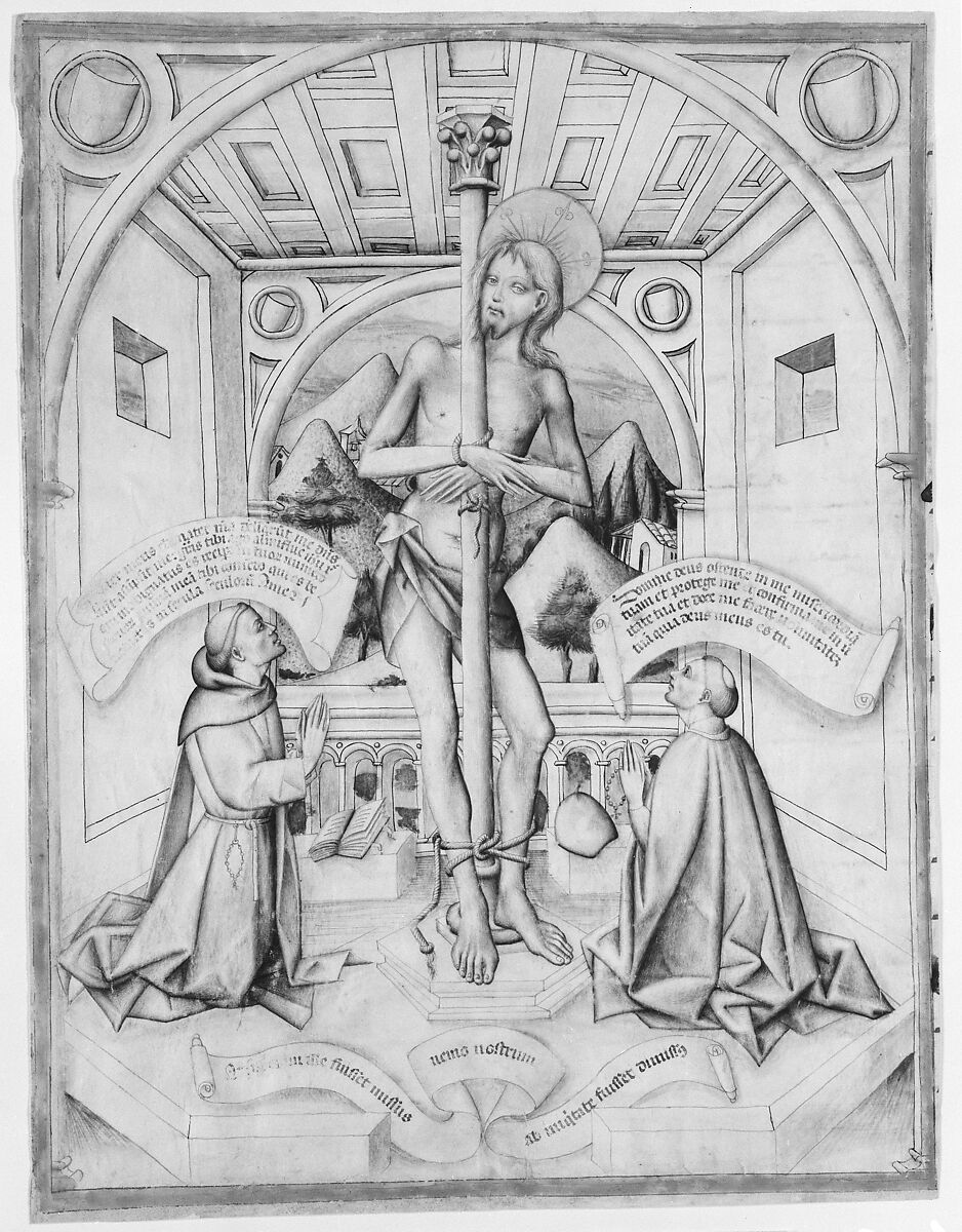 Christ at the Column, Delli brothers (Florentine, active Spain, 1430s–60s), Pen with brown and black carbon ink, brush with gray wash, watercolor, and gouache on parchment; inscriptions in brown ink of a different type