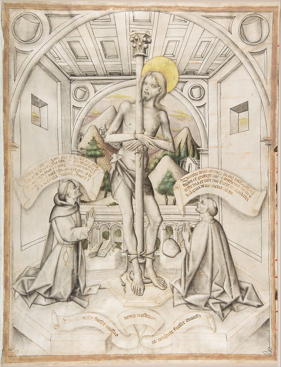 Christ at the Column, Delli brothers  Italian, Pen with brown and black carbon ink, brush with gray wash, watercolor, and gouache on parchment; inscriptions in brown ink of a different type