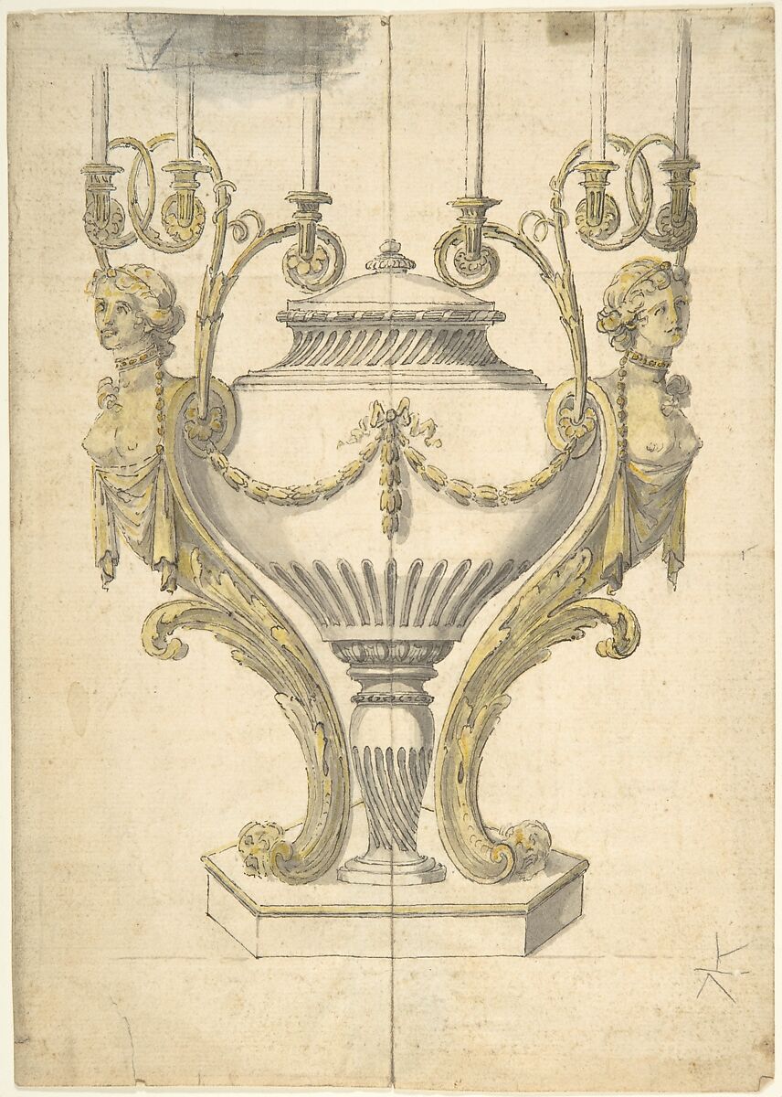 Candelabrum in the form of an Urn Clasped by Carytides and Candle Branches, Attributed to Henry Holland (British, Fulham, London 1745–1806 Chelsea, London), Pen and ink, brush and wash and watercolor 