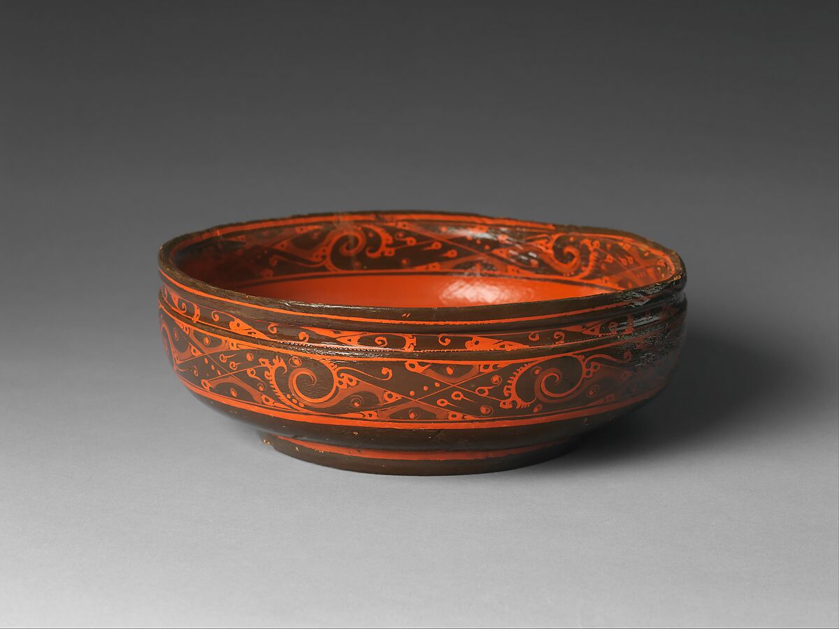 Bowl with Geometric Designs, Black lacquer painted with red lacquer, China 