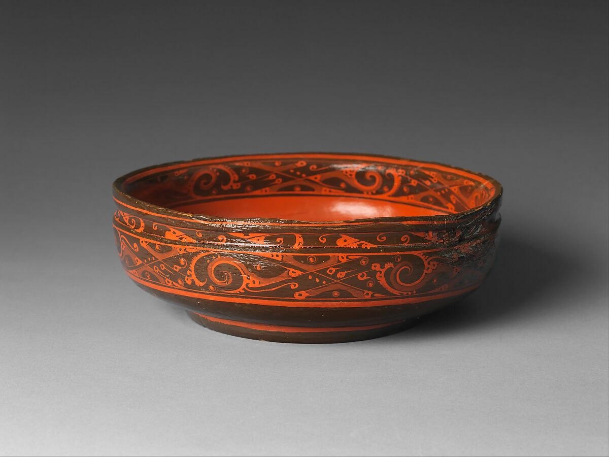 Bowl with Geometric Designs, Black lacquer painted with red lacquer, China