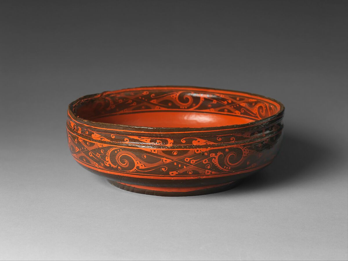 Bowl with Geometric Designs, Black lacquer painted with red lacquer, China