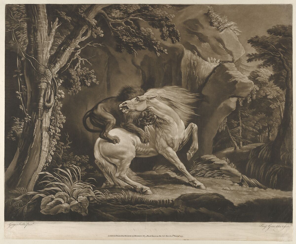 The Lion and Horse, Benjamin Green (British, Halesowen, Shropshire, baptized 1739–died 1798), Mezzotint; fourth state of five 