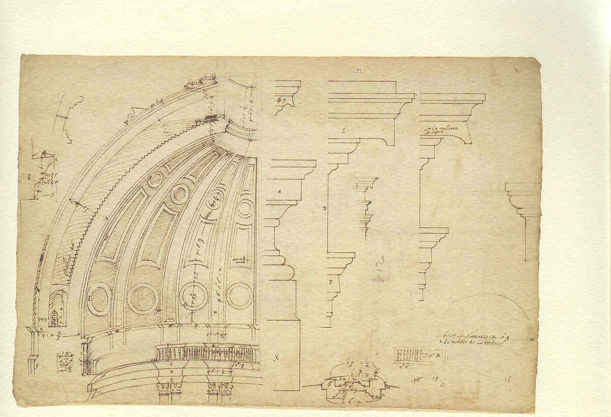 Half-Section of the Model of the Attic and Dome of Saint Peter's Basilica as Conceived by Michelangelo (recto); Detail Studies Relating to the Plan, Section, and Elevation of the Dome of Saint Peter's Basilica (verso)., Etienne DuPérac, Pen and brown ink, over leadpoint or black chalk. 