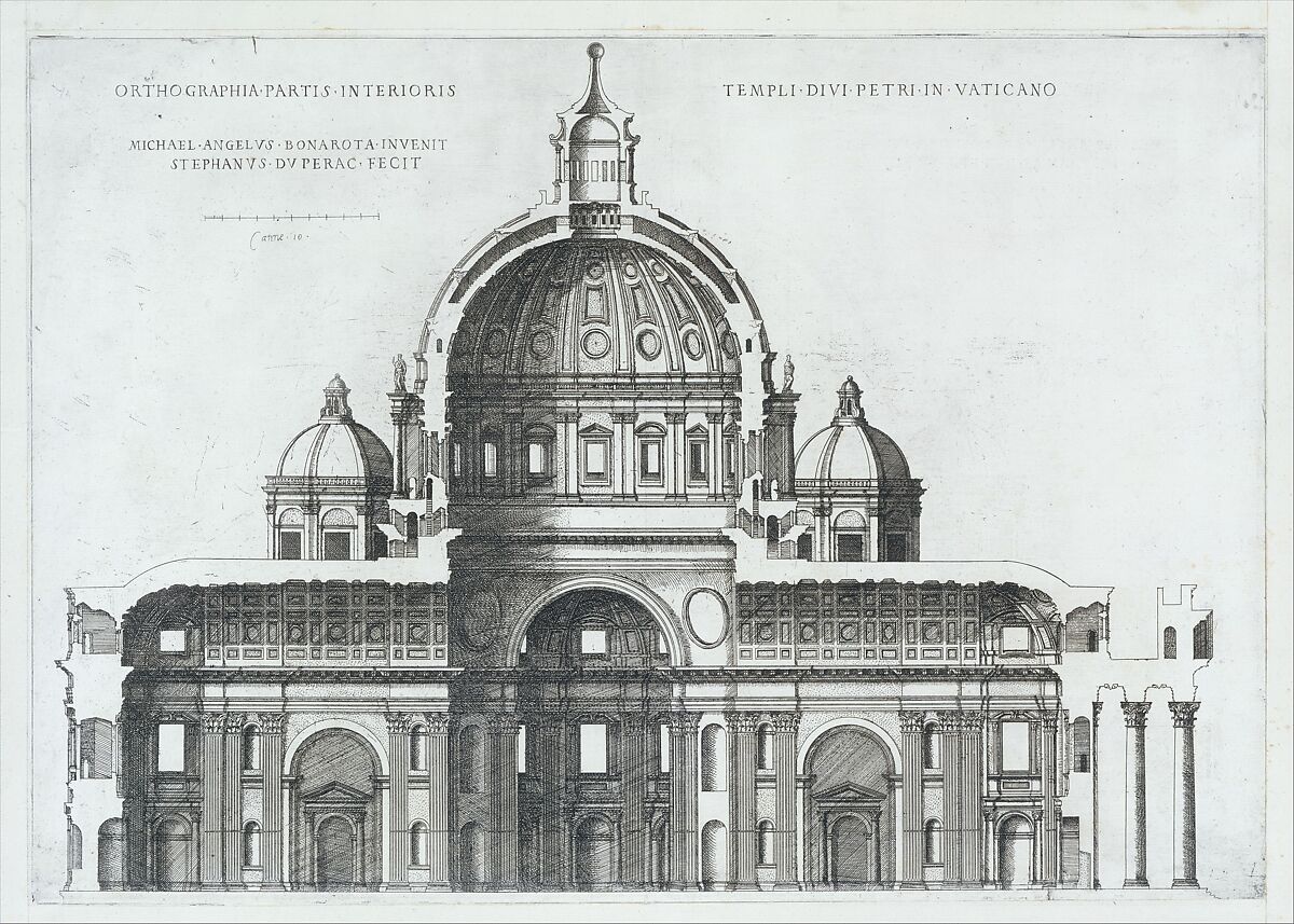 Longitudinal Section Showing the Interior of Saint Peter's Basilica as Conceived by Michelangelo (published in 1569), from "Speculum Romanae Magnificentiae", Etienne DuPérac (French, ca. 1535–1604), Etching with engraving