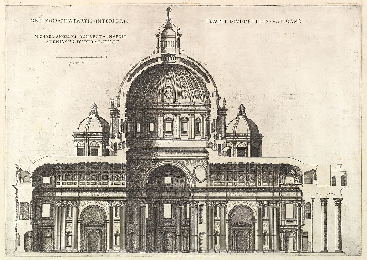 Longitudinal Section Showing the Interior of Saint Peter's Basilica as Conceived by Michelangelo (published in 1569), from "Speculum Romanae Magnificentiae", Etienne DuPérac (French, ca. 1535–1604), Etching with engraving