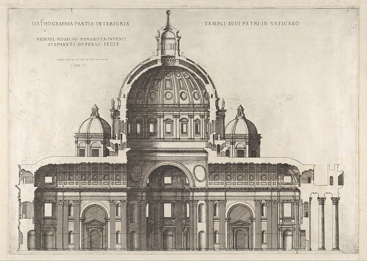 Longitudinal Section Showing the Interior of Saint Peter's Basilica as Conceived by Michelangelo (published in 1569), from "Speculum Romanae Magnificentiae", Etienne DuPérac (French, ca. 1535–1604), Etching with engraving 