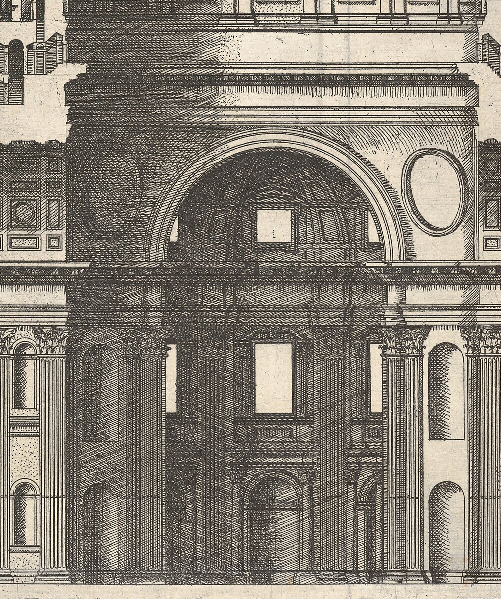 Longitudinal Section Showing the Interior of Saint Peter's Basilica as Conceived by Michelangelo (published in 1569), from "Speculum Romanae Magnificentiae", Etienne DuPérac (French, ca. 1535–1604), Etching with engraving