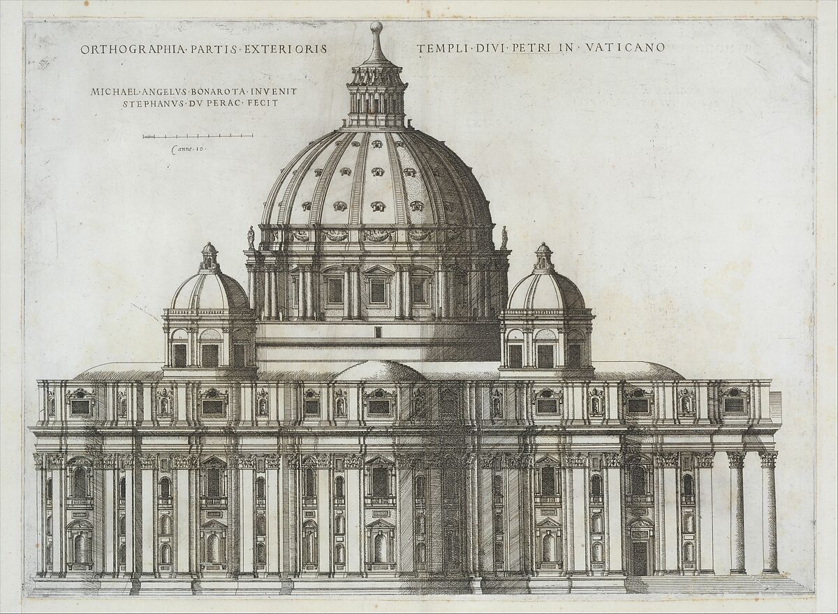 Elevation Showing the Exterior of Saint Peter's Basilica from the South as Conceived by Michelangelo (published in 1569), from "Speculum Romanae Magnificentiae", Etienne DuPérac (French, ca. 1535–1604), Engraving with etching