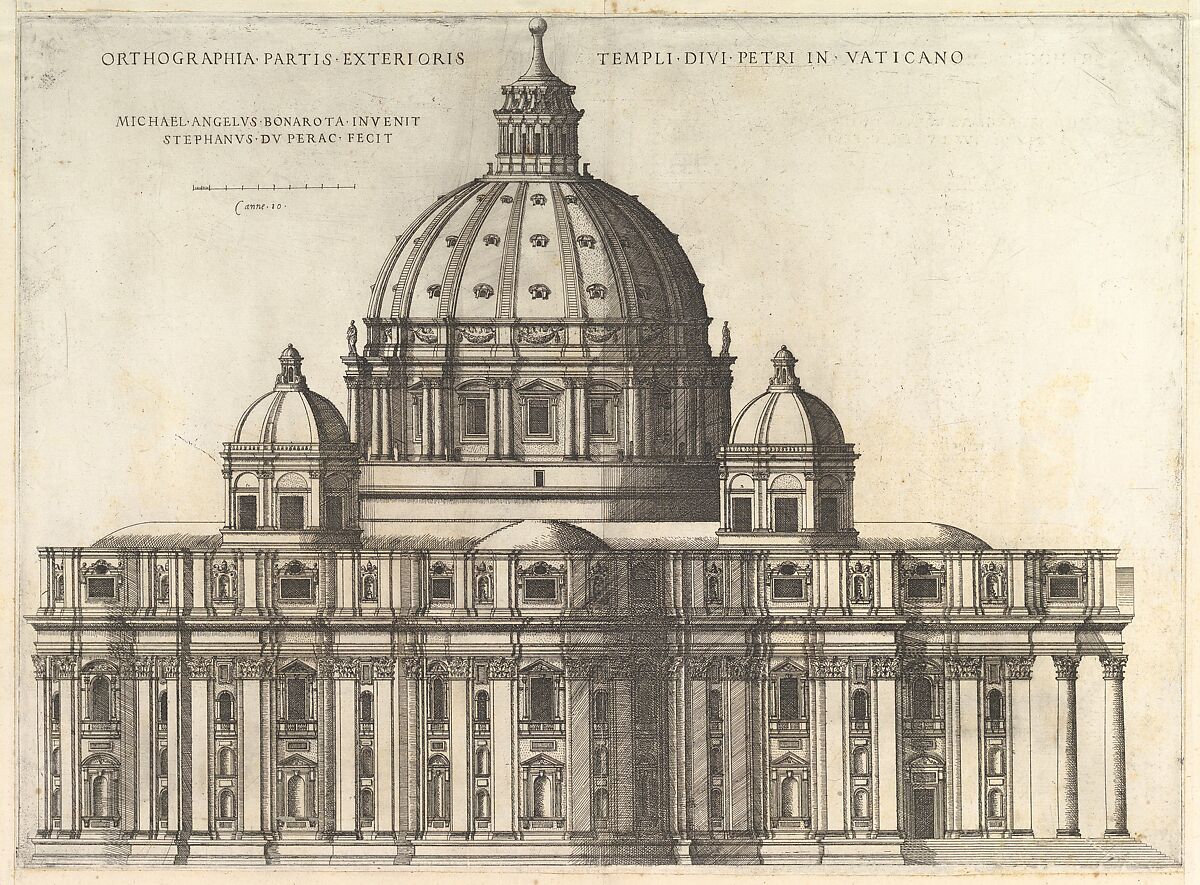 Elevation Showing the Exterior of Saint Peter's Basilica from the South as Conceived by Michelangelo (published in 1569), from "Speculum Romanae Magnificentiae", Etienne DuPérac (French, ca. 1535–1604), Engraving with etching 