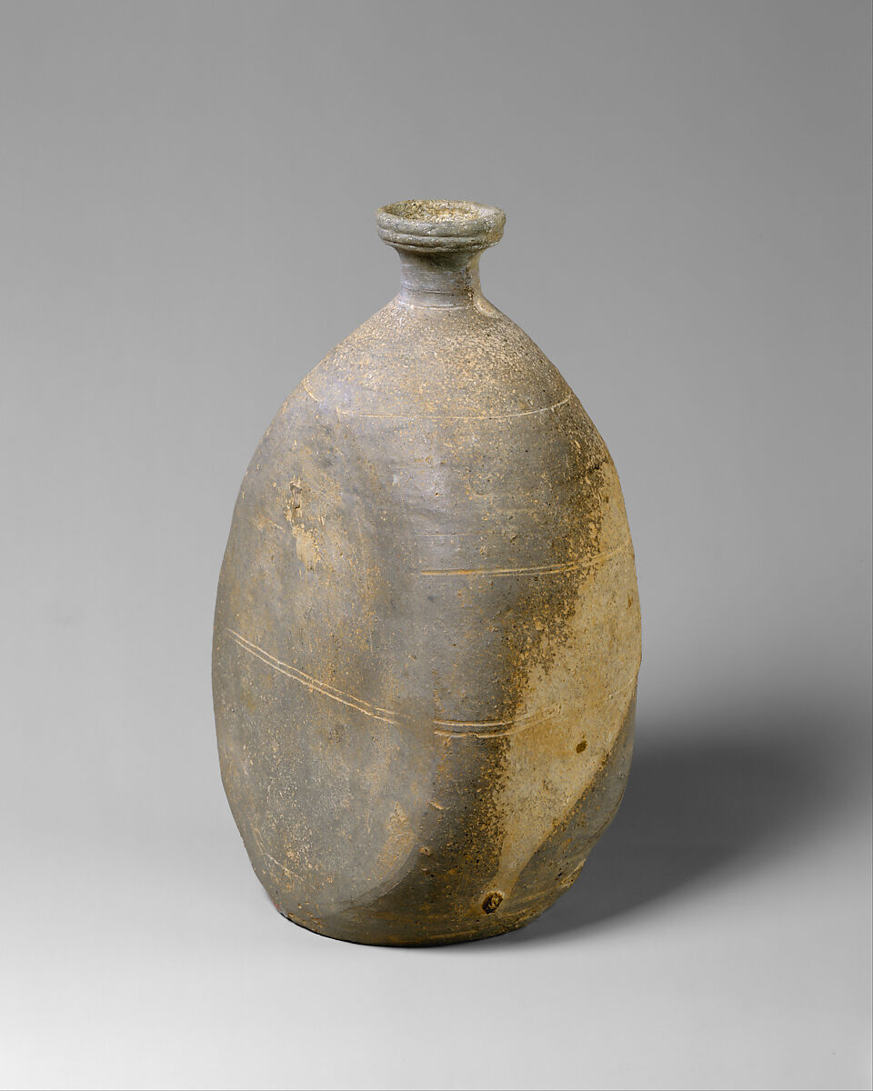 Bottle with flattened side, Stoneware with accidental wood-ash glaze, Korea 
