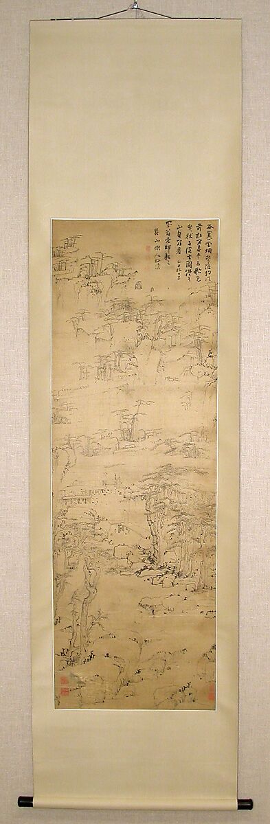 Strolling in a Misty Valley, Mei Qing (Chinese, 1623–1697), Hanging scroll; ink on satin, China