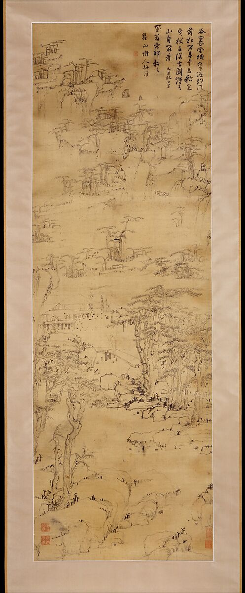 Strolling in a Misty Valley, Mei Qing (Chinese, 1623–1697), Hanging scroll; ink on satin, China 