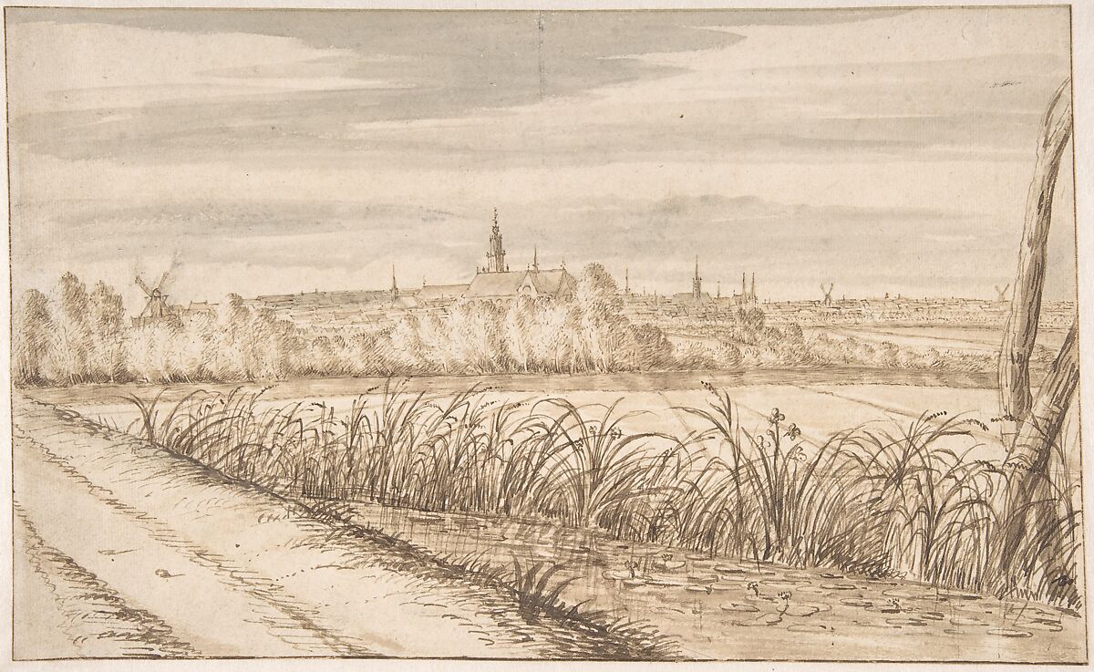 View of Gouda Seen from the Southeast with the Janskerk in the Center, Abraham Rutgers (Dutch, Amsterdam 1632–1699 Amsterdam), Black chalk, pen and brown ink, brown and gray wash 