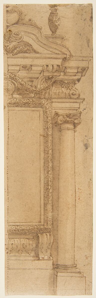 Architectural Design Presenting Two Alternate Solutions (in two fragments), Anonymous, Italian, 17th century, Pen and brown ink, brush and brown wash, over leadpoint. 