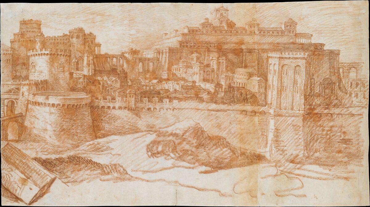 View of Jerusalem with the Temple of Solomon, Philippe de Champaigne (French, Brussels 1602–1674 Paris), Red chalk on two attached sheets of off-white laid paper 