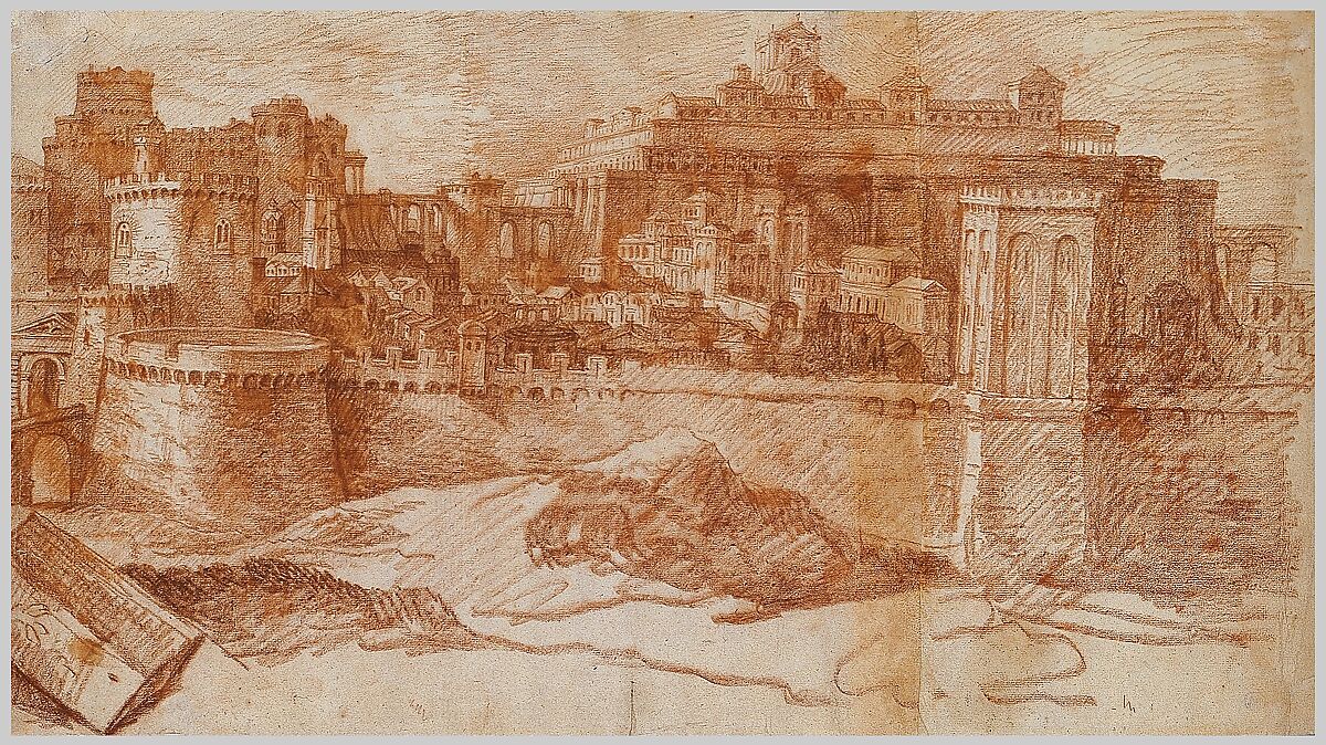 View of Jerusalem with the Temple of Solomon, Philippe de Champaigne (French, Brussels 1602–1674 Paris), Red chalk on two attached sheets of off-white laid paper