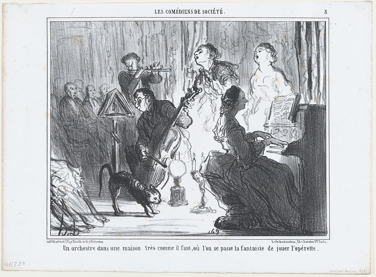 An Orchestra in a Fashionable Residence; plate 8 from the series, Les Comédiens de Société, published in "Le Charivari", Honoré Daumier (French, Marseilles 1808–1879 Valmondois), Lithograph; plate 8 from the series, Les Comédiens de Société, published in Le Charivari, 20 April 1858 