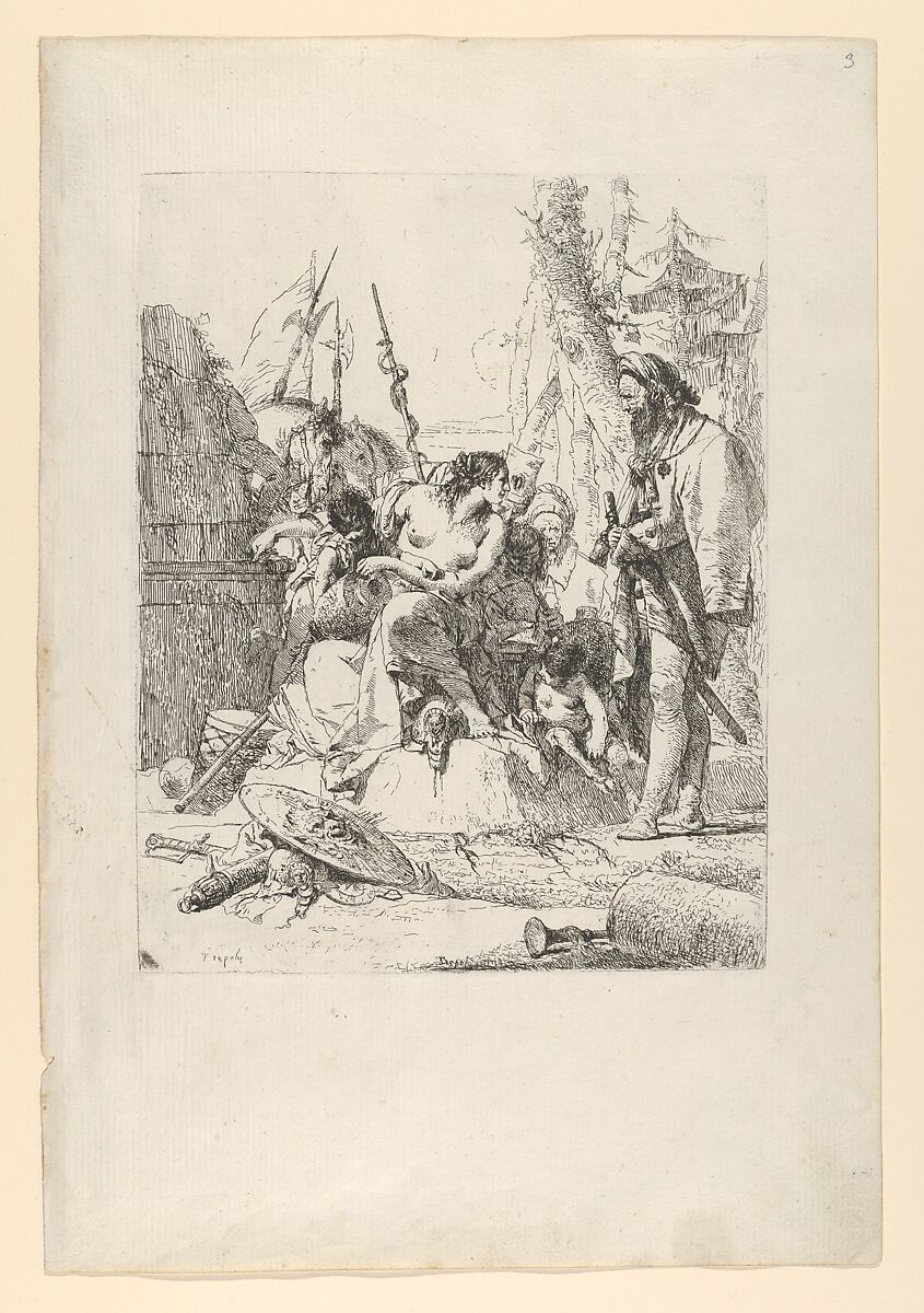Half-dressed Nymph with two children, surrounded by four men, from the Scherzi, Giovanni Battista Tiepolo (Italian, Venice 1696–1770 Madrid), Etching 