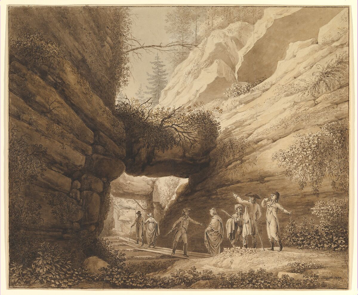 Travelers at the Rock Arch in the Limestone Mountains of the River Elbe, Johann Moritz Gottfried Jentzsch (German, Hinterjessen 1759–1826 Dresden), Brown ink and wash on wove paper 