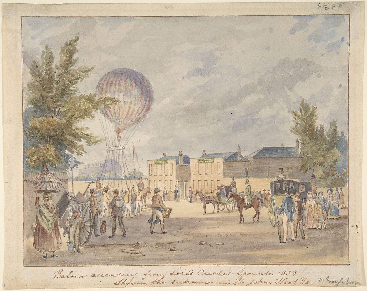 Balloon Ascending Near the Entrance to Lord's Cricket Ground, 1839, After Robert Bremmel Schnebbelie (British, active 1803–49), Watercolor 