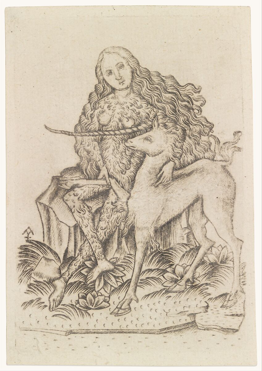 Playing Card, with Wild Woman and Unicorn, Master ES  German, Engraving; second state