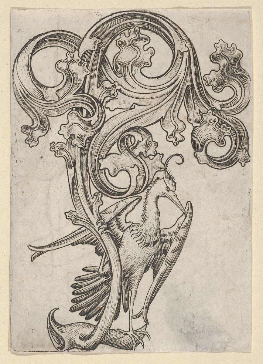 Leaf-ornament with a Heron, Master ES (German, active ca. 1450–67), Engraving; first state of two 