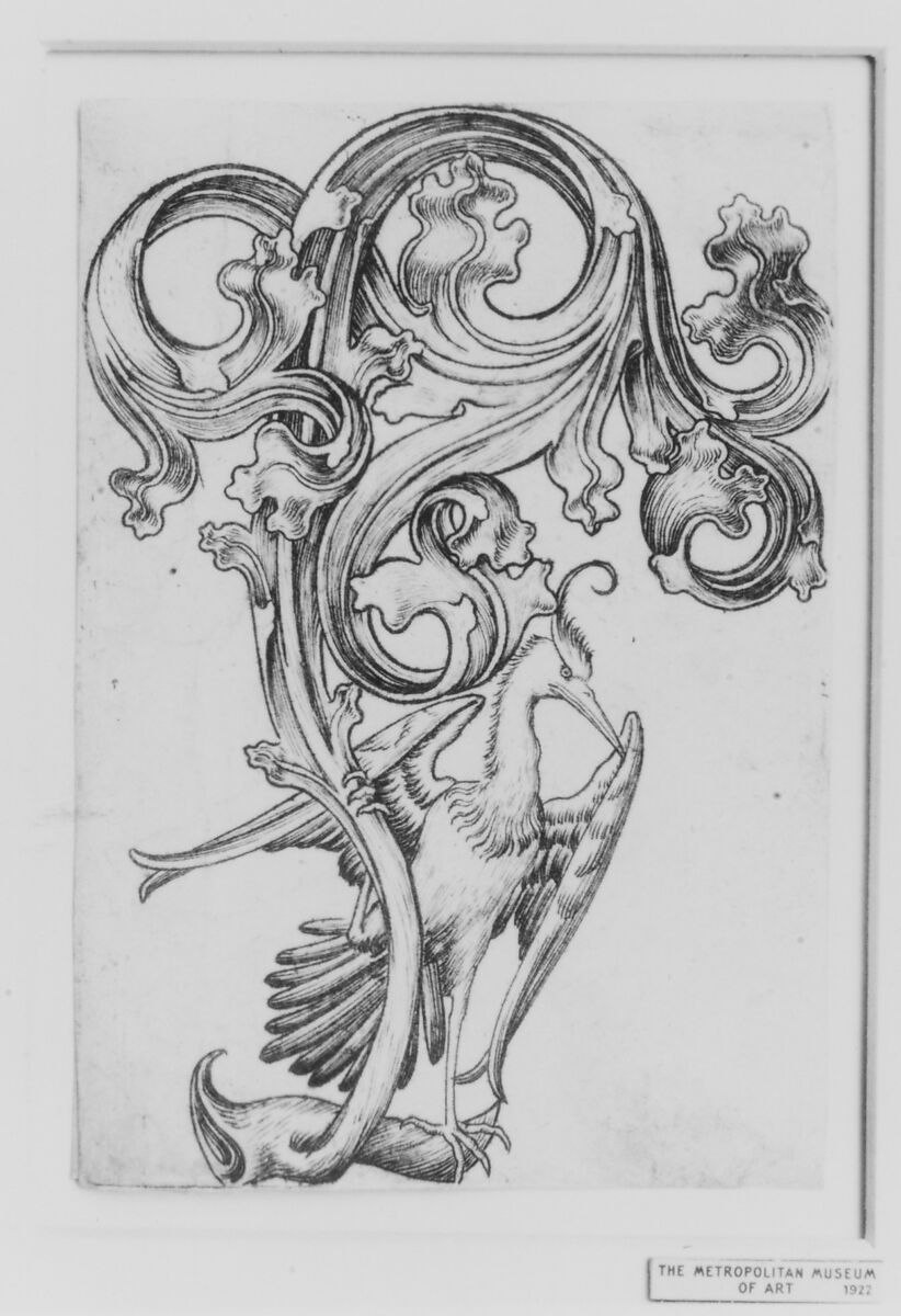 Leaf-ornament with a Heron, Master ES (German, active ca. 1450–67), Engraving; first state of two