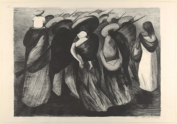 'Rear Guard' (or 'On the Road'): women carrying rifles and children, José Clemente Orozco  Mexican, Lithograph