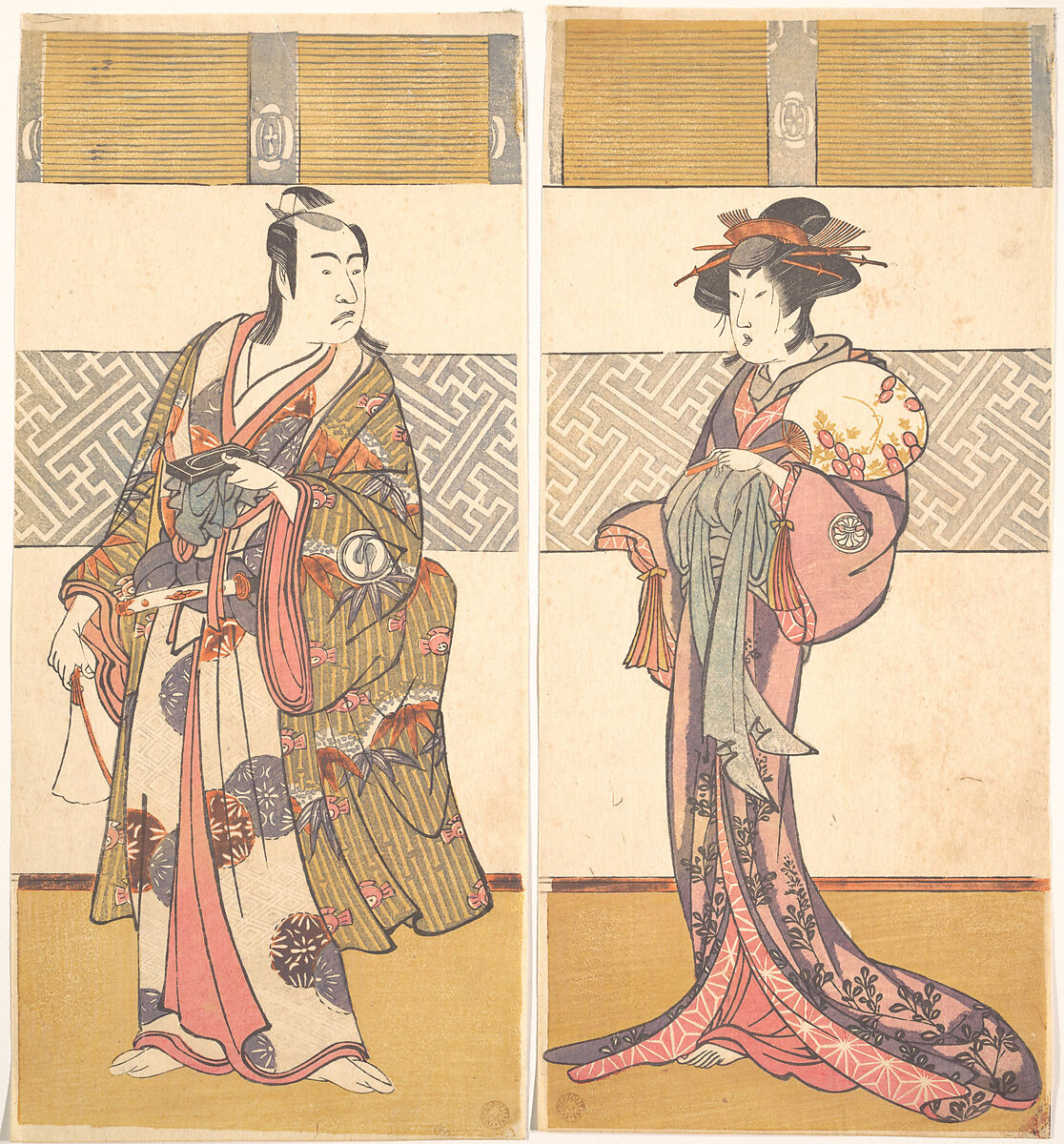 Kabuki Actors Sawamura Sōjūrō III and Segawa Kikunojō III, Katsukawa Shunshō (Japanese, 1726–1792), Diptych of woodblock prints (nishiki-e); ink and color on paper, Japan 