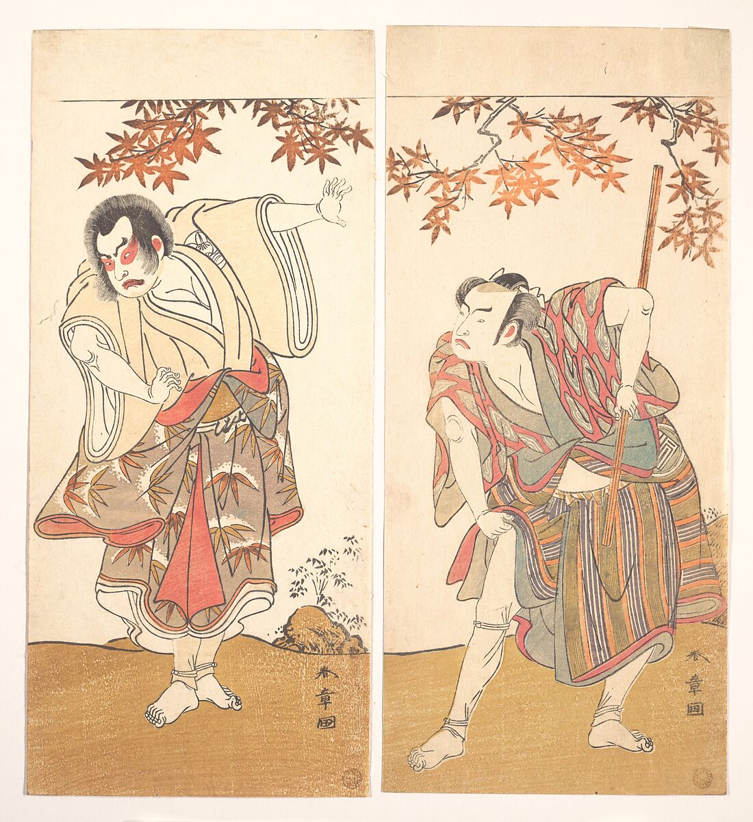 The Actors Ichimura Uzaemon and Arashi Sangorō, Katsukawa Shunshō　勝川春章 (Japanese, 1726–1792), Diptych of woodblock prints (nishiki-e); ink and color on paper, Japan 