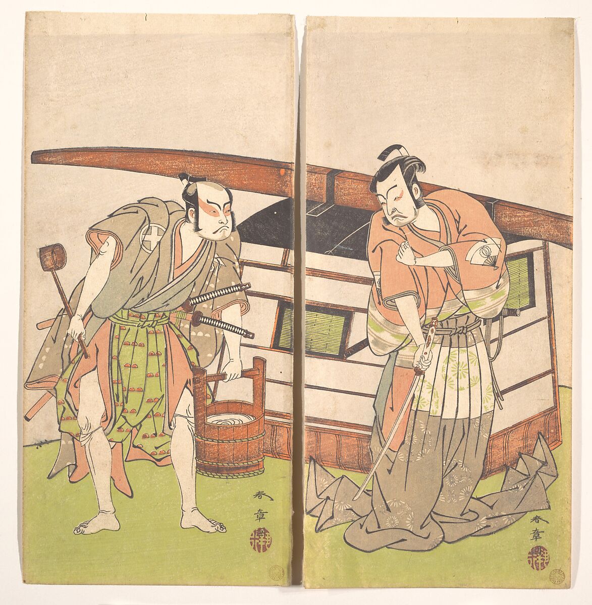 The Actor Otani Hiroji III and the Actor Onoe Kikugoro I, Katsukawa Shunshō　勝川春章 (Japanese, 1726–1792), Diptych of woodblock prints (nishiki-e); ink and color on paper, Japan 
