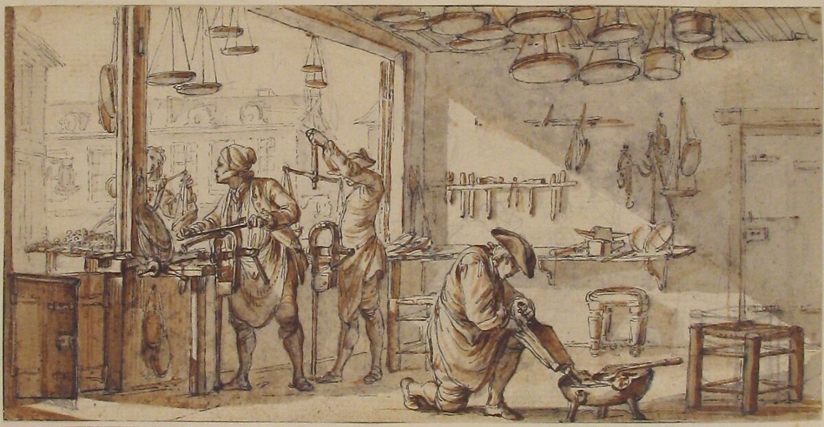 The Maker of Scales, Jean Michel Moreau le Jeune (French, Paris 1741–1814 Paris), Pen and black ink, brush and brown and gray wash, and graphite