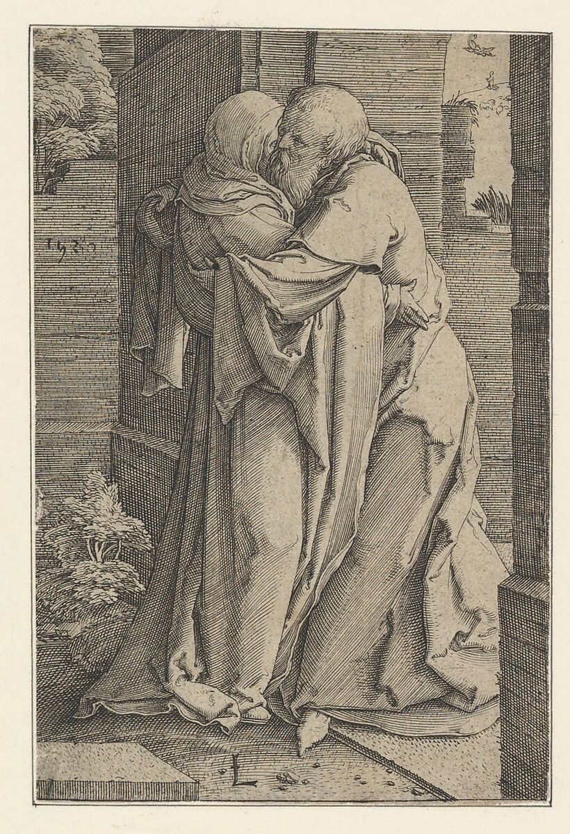 St. Joachim Embracing St. Anna, Lucas van Leyden (Netherlandish, Leiden ca. 1494–1533 Leiden), Engraving 