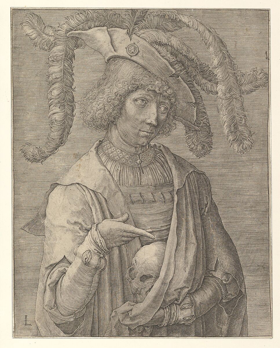 Young Man with a Skull, Lucas van Leyden (Netherlandish, Leiden ca. 1494–1533 Leiden), Engraving; first state 