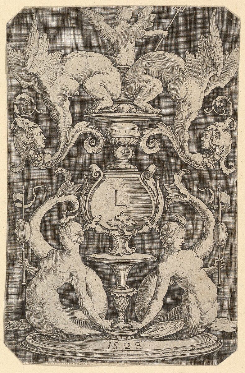 Panel of Ornament with Two Sirens, Lucas van Leyden (Netherlandish, Leiden ca. 1494–1533 Leiden), Engraving 