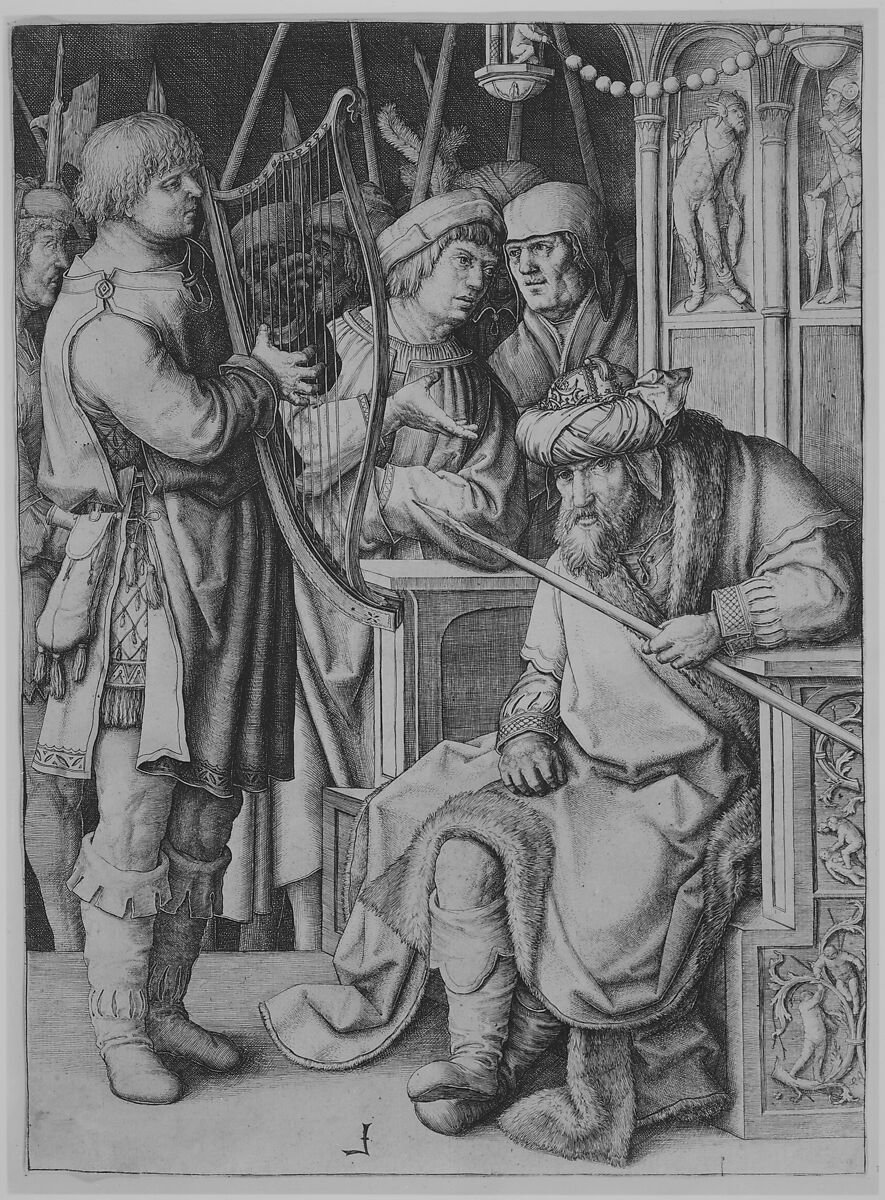 David Playing the Harp Before Saul, Lucas van Leyden (Netherlandish, Leiden ca. 1494–1533 Leiden), Engraving; first state