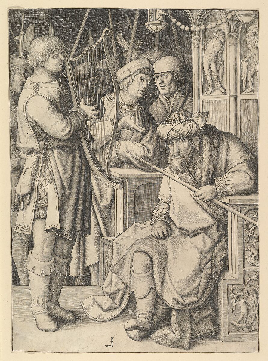 David Playing the Harp Before Saul, Lucas van Leyden  Netherlandish, Engraving; first state