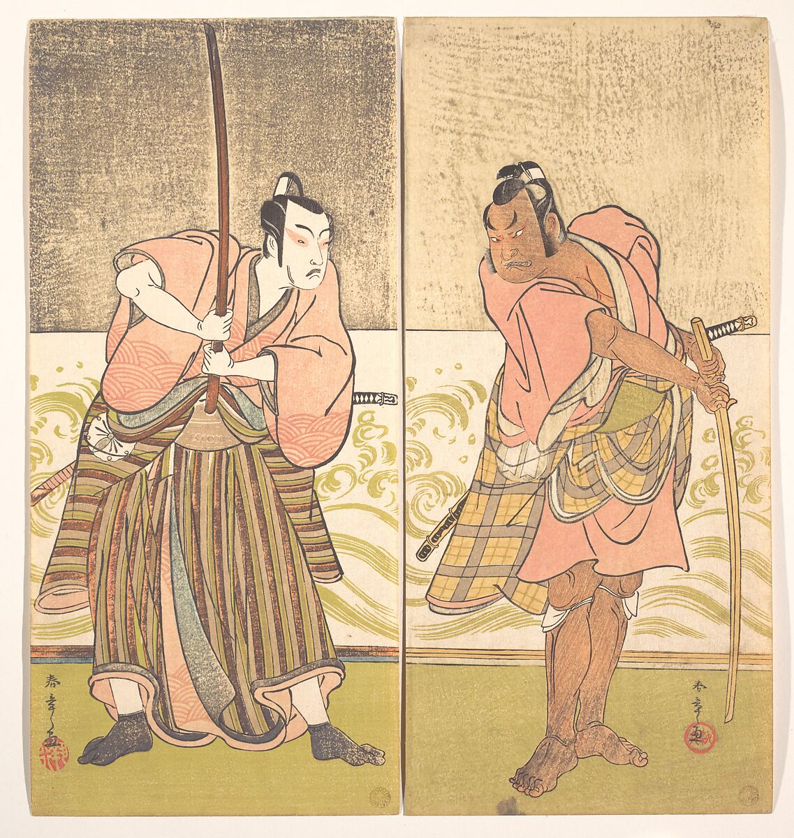 The Actor Sakata Hangoro II and the Actor Matsumoto Koshiro IV, Katsukawa Shunshō　勝川春章 (Japanese, 1726–1792), Diptych of woodblock prints (nishiki-e); ink and color on paper, Japan 
