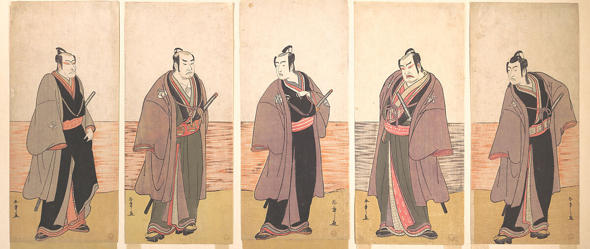 Ichikawa Danjuro V as a Chivalrous Commoner (Gonin Otoko) from the Play "Hatsumonbi kuruwa Soga", Katsukawa Shunshō　勝川春章 (Japanese, 1726–1792), Pentaptych of woodblock prints (nishiki-e); ink and color on paper, Japan 