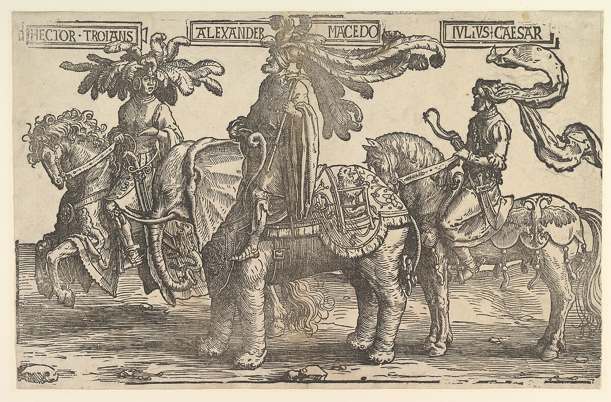 Hector, Alexander, Julius Caesar, from the Nine Heroes, Lucas van Leyden (Netherlandish, Leiden ca. 1494–1533 Leiden), Woodcut 