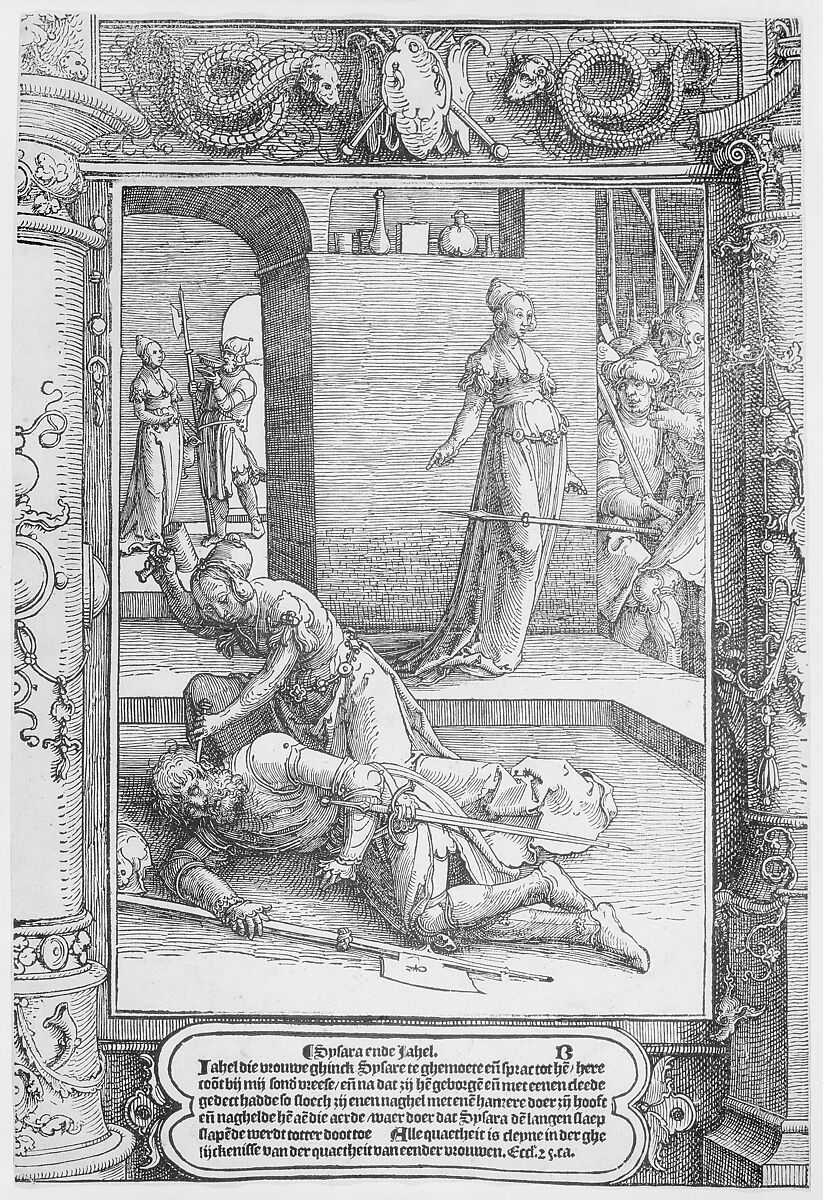Jael Killing Sisera,  ornamental frame, Lucas van Leyden (Netherlandish, Leiden ca. 1494–1533 Leiden), Woodcut; second state