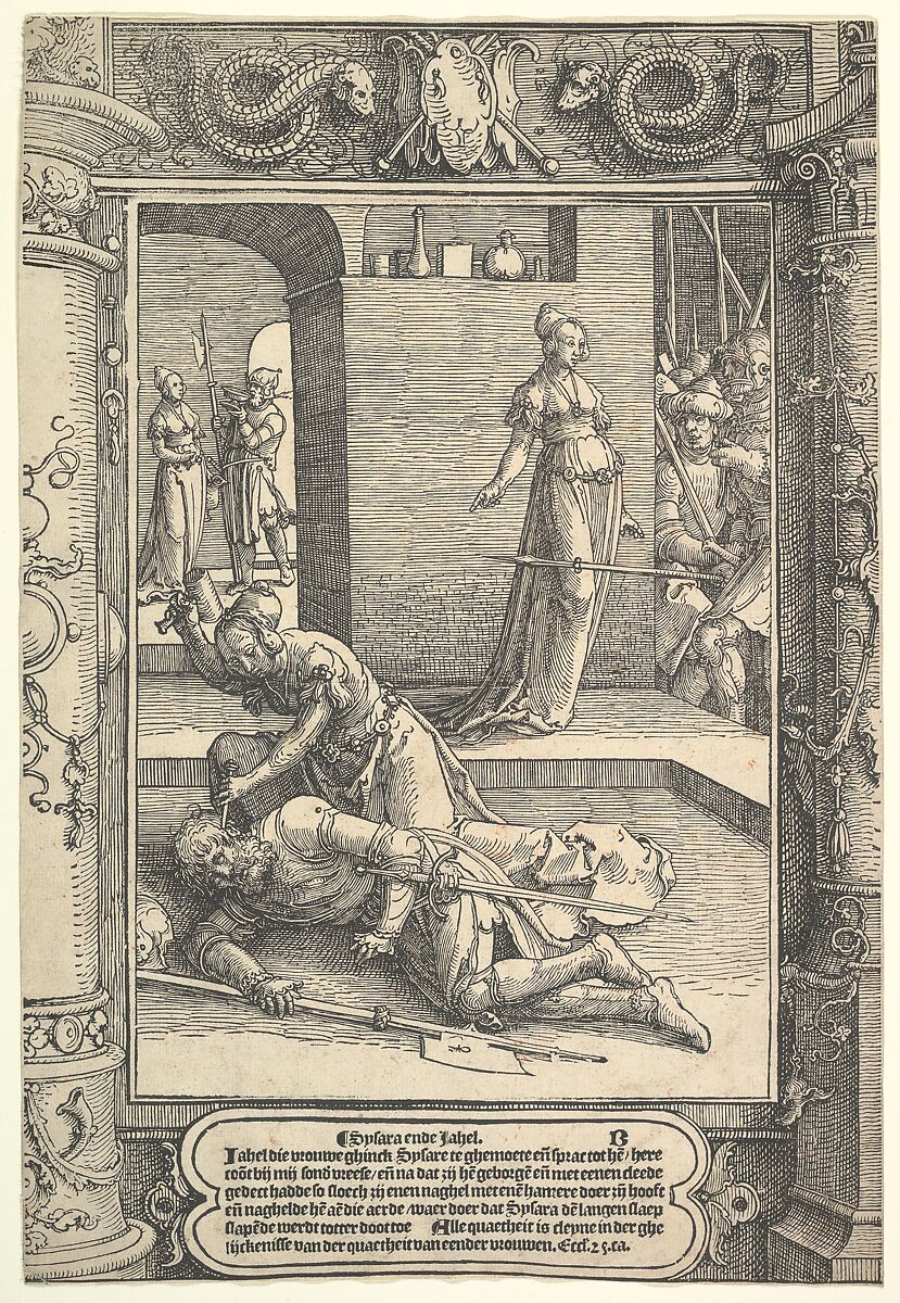 Jael Killing Sisera,  ornamental frame, Lucas van Leyden (Netherlandish, Leiden ca. 1494–1533 Leiden), Woodcut; second state 