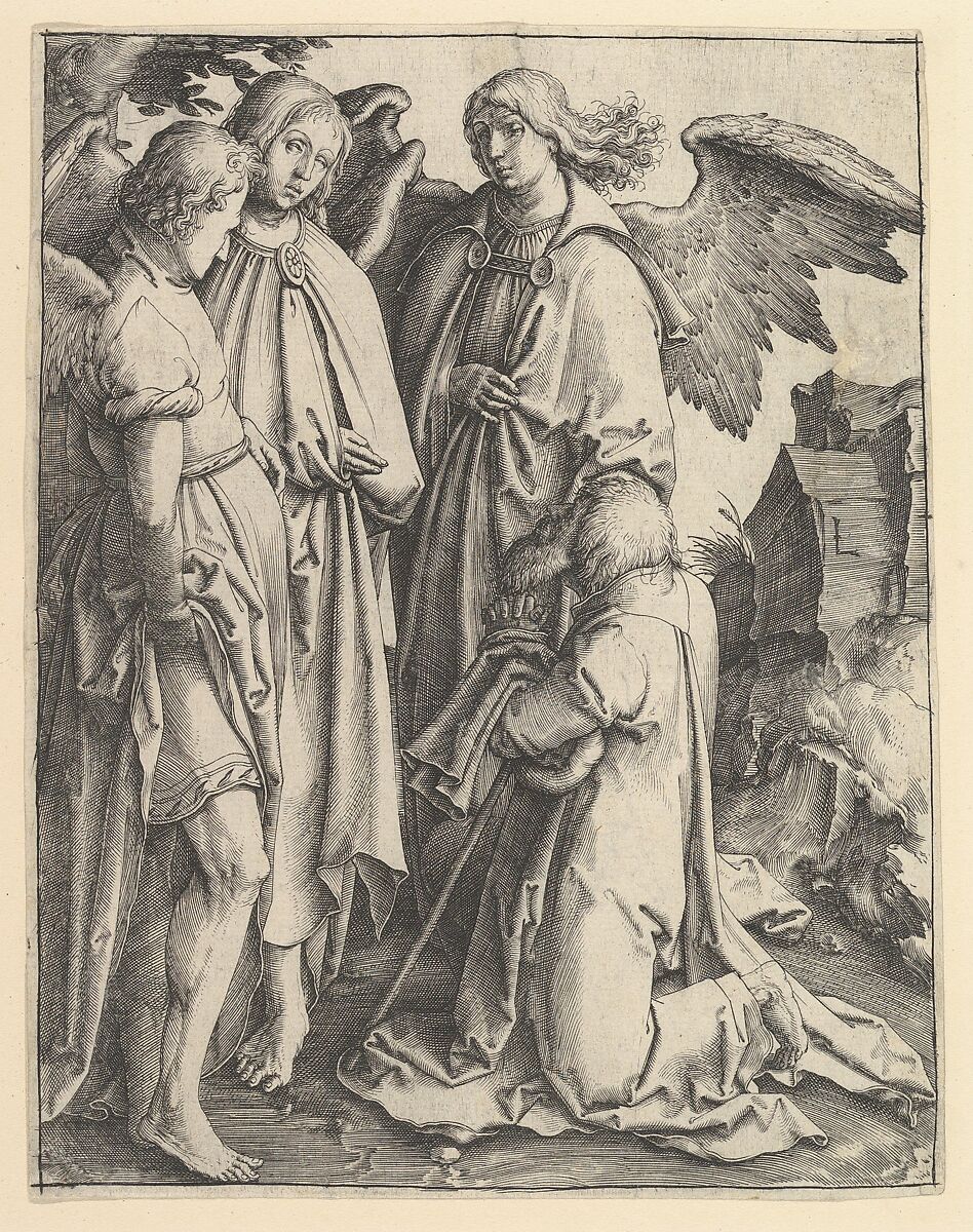 Abraham and Three Angels, Lucas van Leyden (Netherlandish, Leiden ca. 1494–1533 Leiden), Engraving 