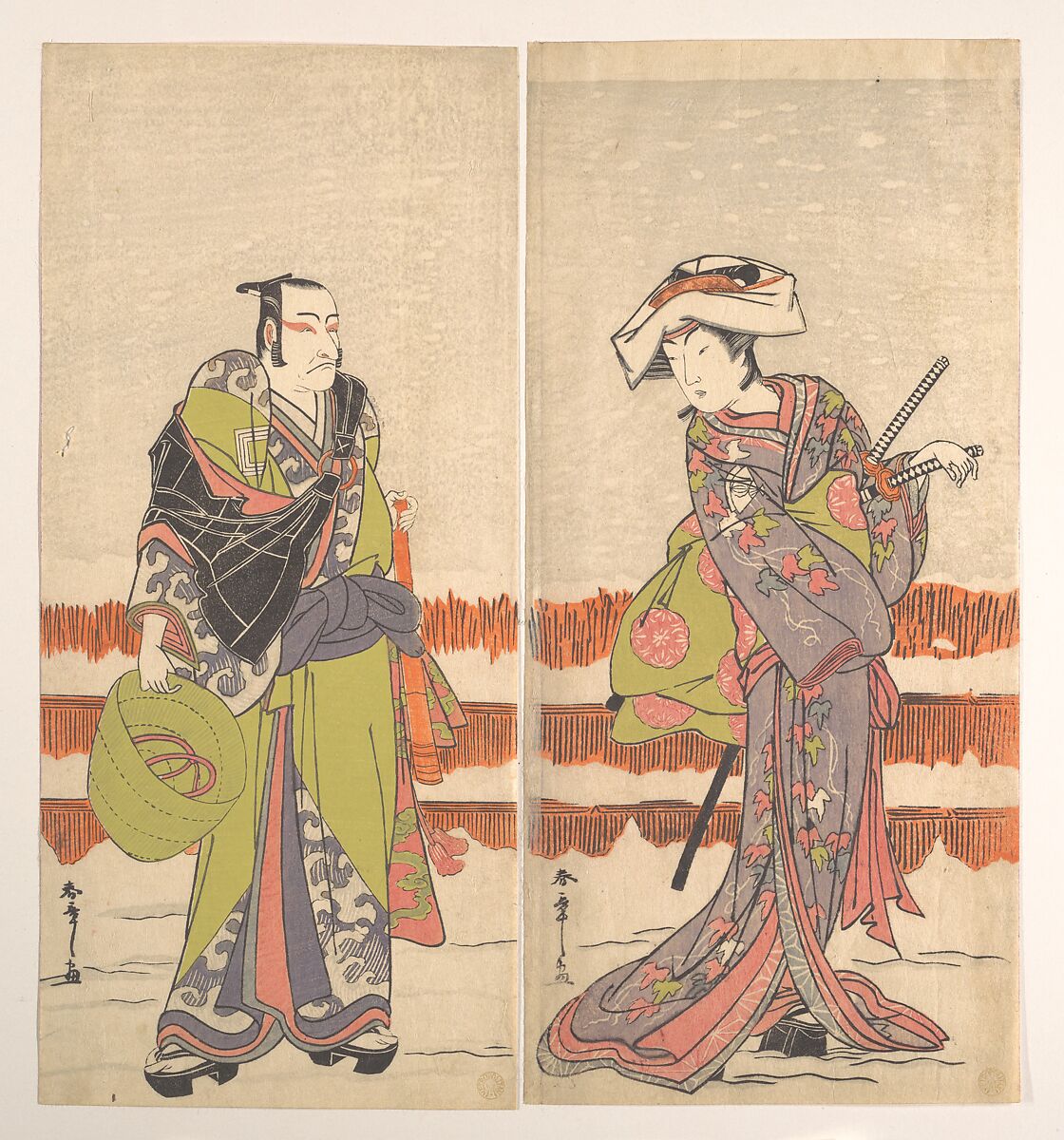 Ichikawa Danjuro Fifth as a Komuso Holding a Basket-Hat in His Right Hand, Katsukawa Shunshō　勝川春章 (Japanese, 1726–1792), Diptych of woodblock prints (nishiki-e); ink and color on paper, Japan 