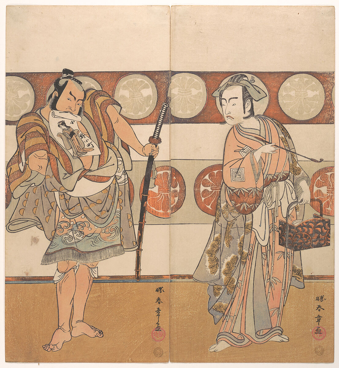 The Actors Ichikawa Yaozo III and Nakamura Sukegoro II, Katsukawa Shunshō　勝川春章 (Japanese, 1726–1792), Woodblock print (nishiki-e); ink and color on paper, Japan 