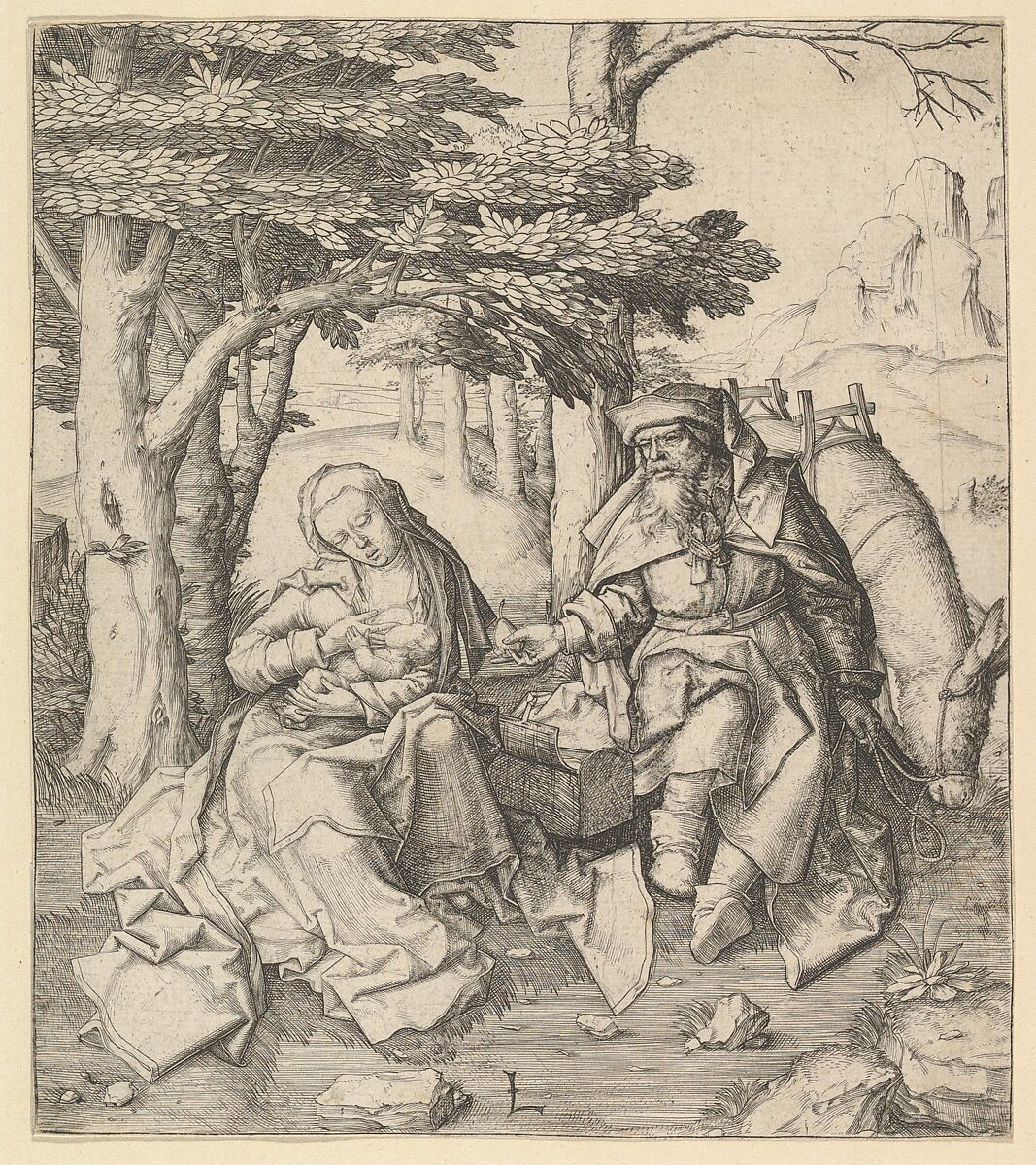 Rest on the Flight Into Egypt, Lucas van Leyden (Netherlandish, Leiden ca. 1494–1533 Leiden), Engraving 